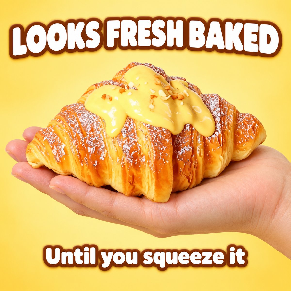 Golden croissant squishy in an open hand: looks fresh baked, until you squeeze it