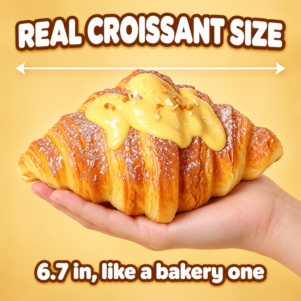 Golden croissant squishy in a hand with a size arrow: real croissant size, 6.7 in