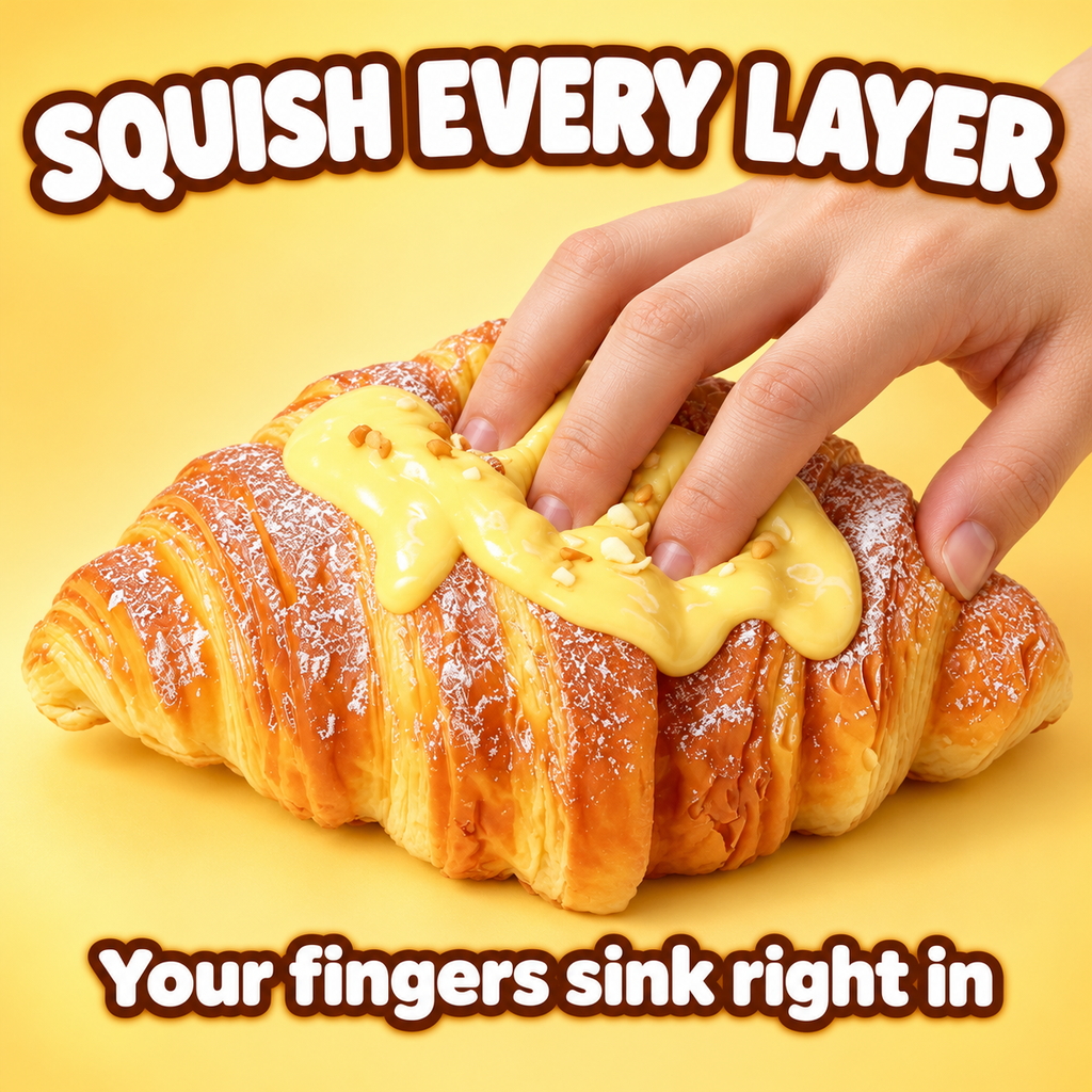 Fingers sinking into the golden croissant squishy: squish every layer