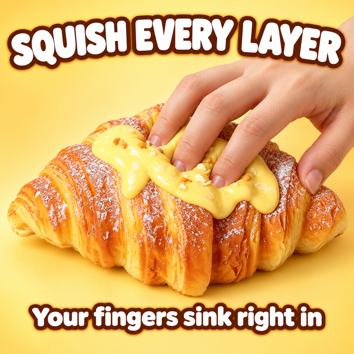 Fingers sinking into the golden croissant squishy: squish every layer