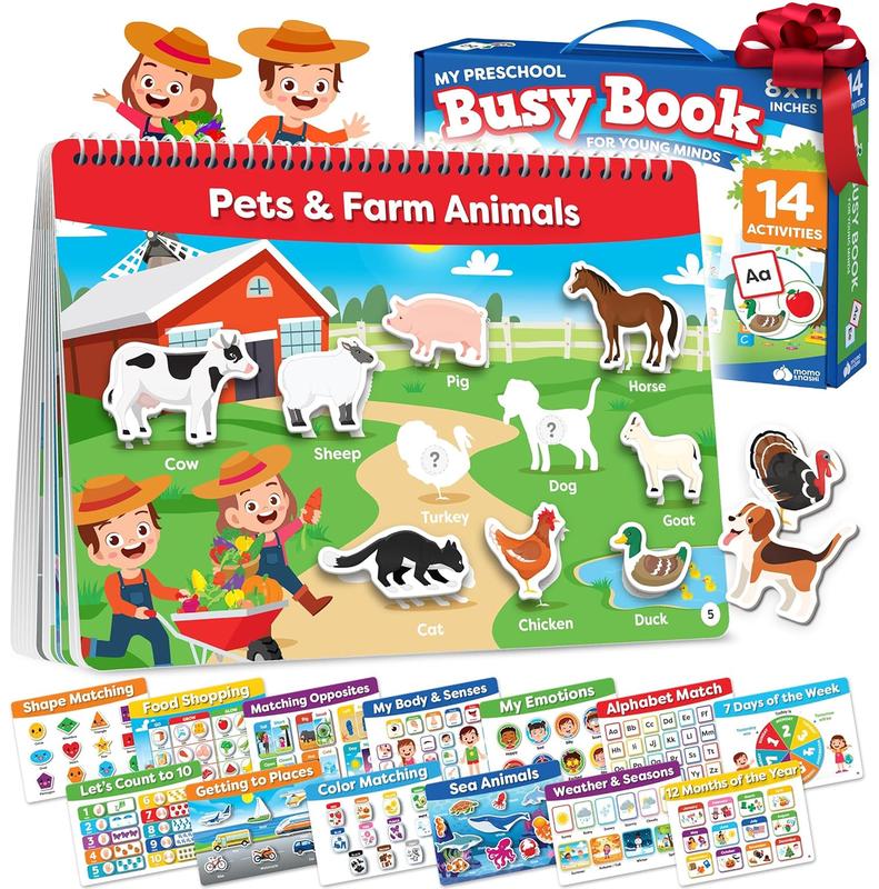 Preschool Busy Book with farm animals, open on the cover page