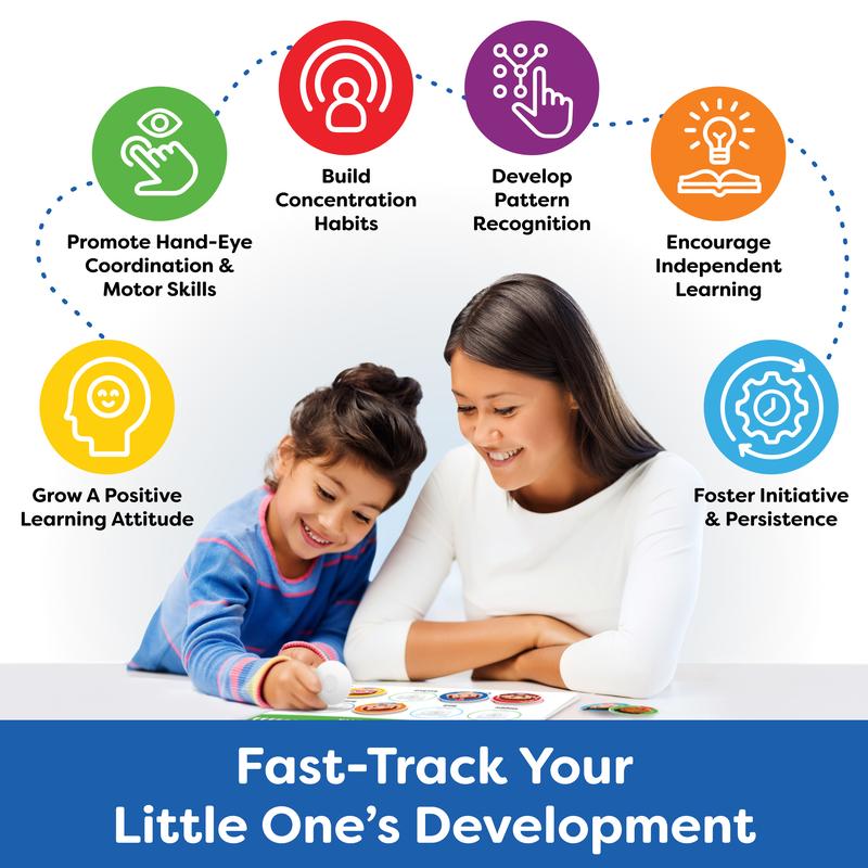 A mother and child working through a page together