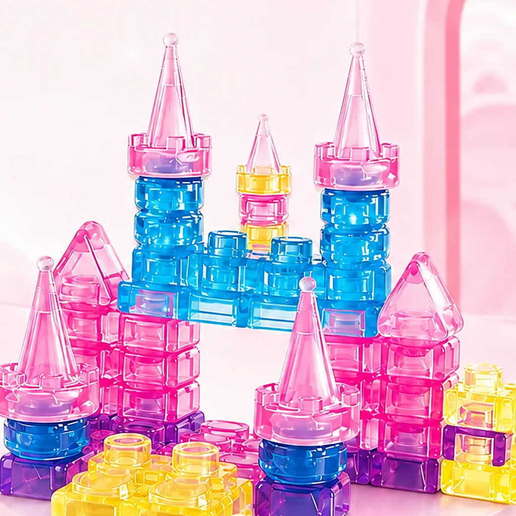 Castle built from translucent soft blocks, with pale pink and lemon spires
