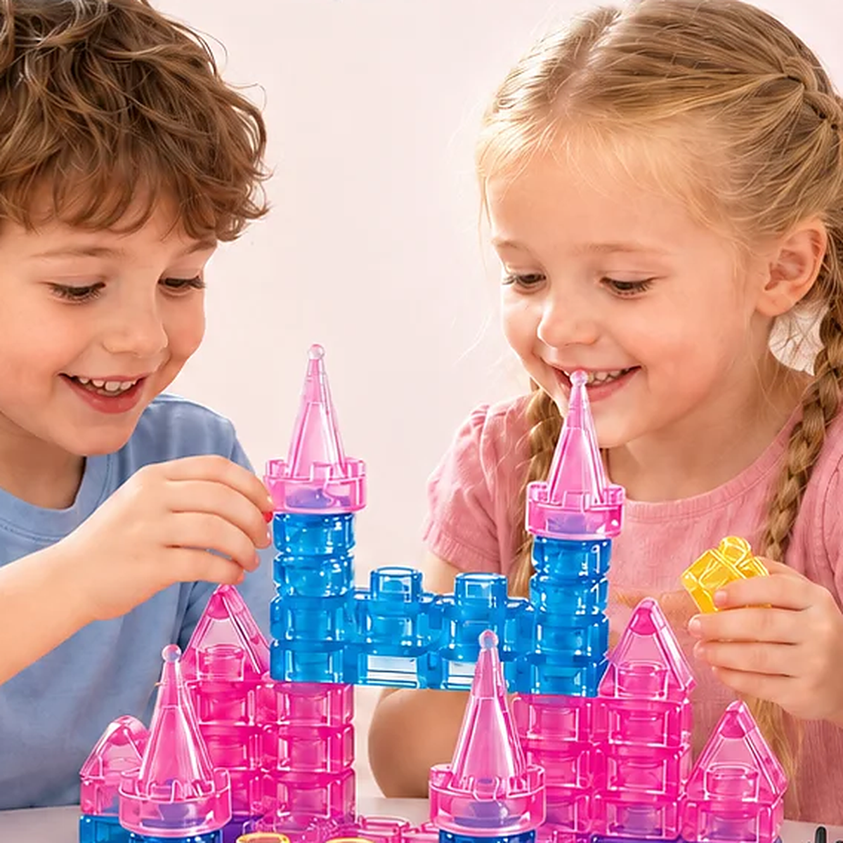 Two children building a soft block castle, one holding a four-stud brick