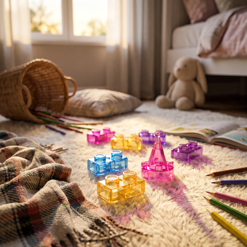 Loose translucent blocks lit from behind on a rug, with colour falling on the carpet