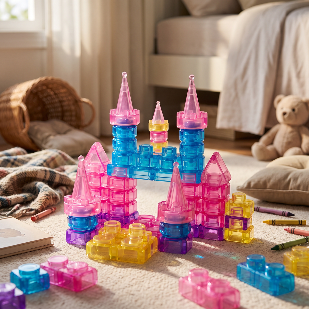 A finished castle of soft translucent blocks on a bedroom rug in late afternoon light