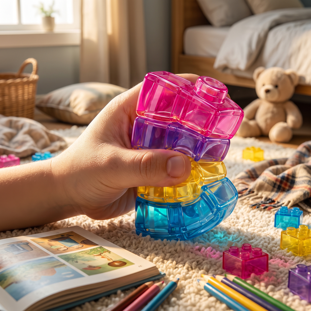 A hand squeezing a stack of soft translucent blocks on a bedroom rug