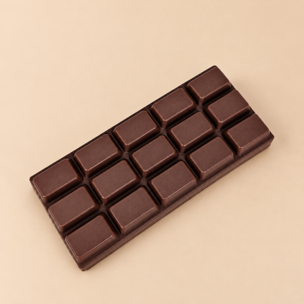 Chocolate bar squishy, chocolate brown bar with 15 squares on a plain caramel background
