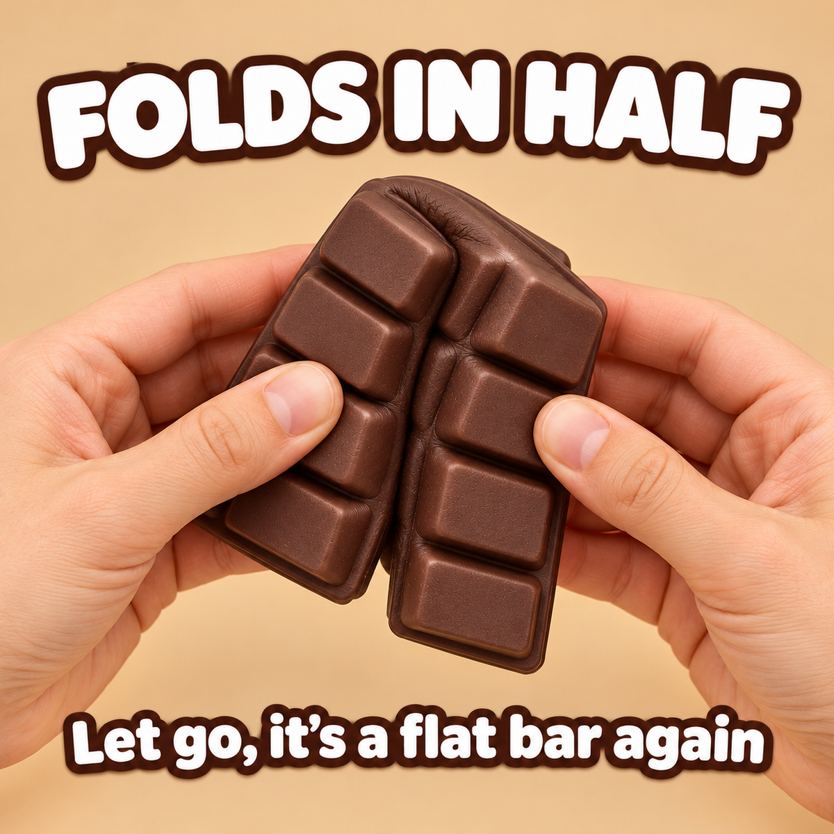 Two hands folding the chocolate bar squishy in half: folds in half, let go, it's a flat bar again