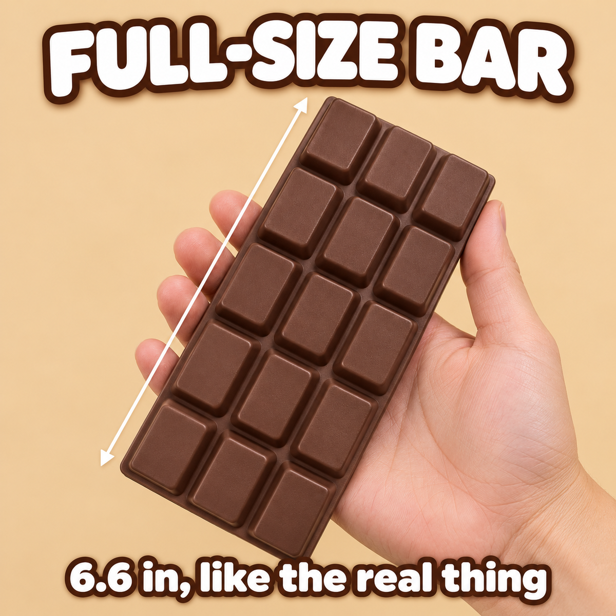 Chocolate bar squishy held in one hand with a size arrow: full-size bar, 6.6 in