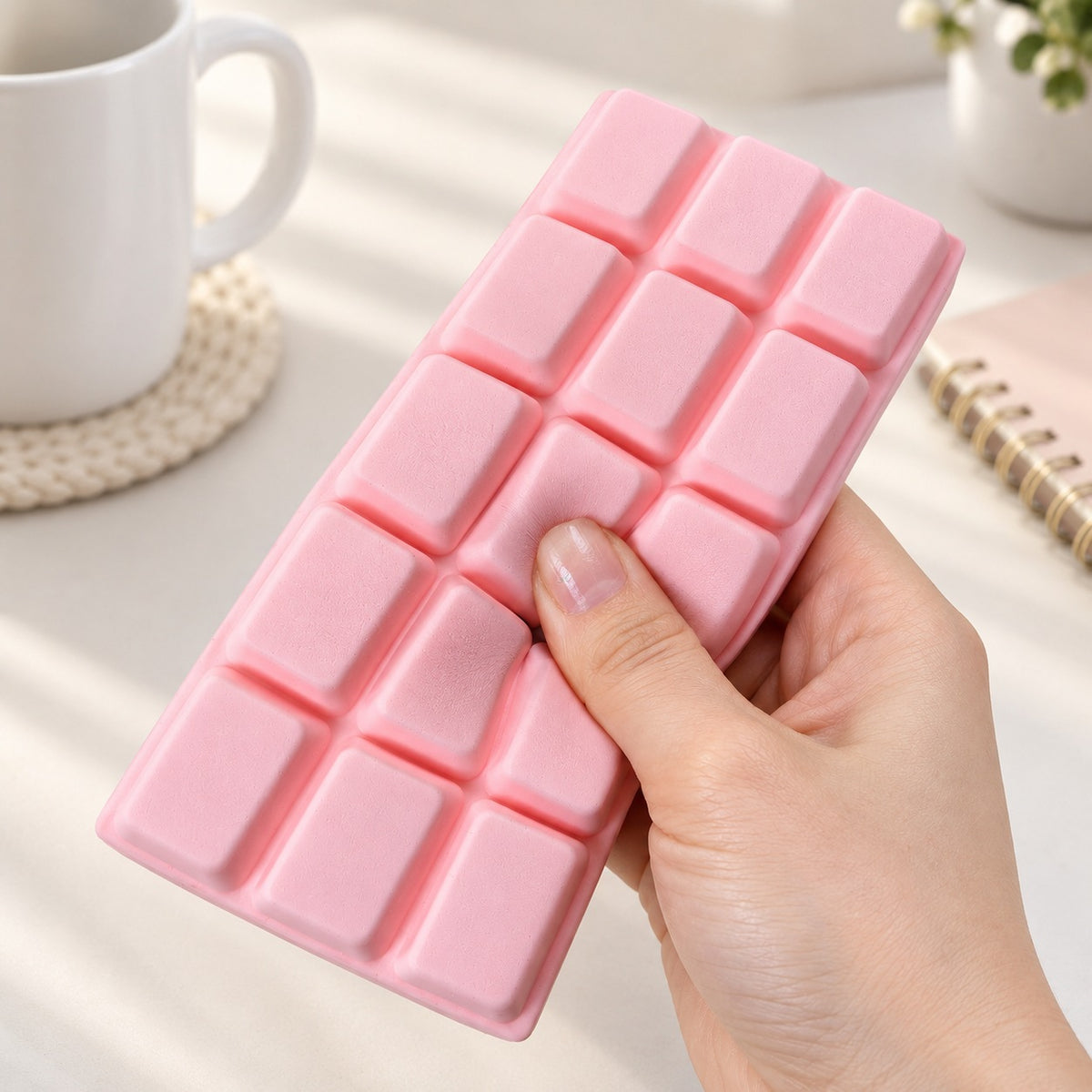Thumb pressing a square of the pink chocolate bar squishy at a desk
