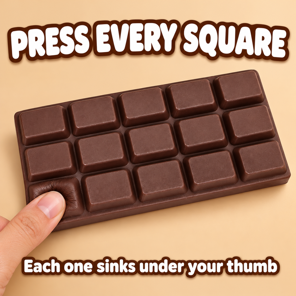 Thumb pressing one square of the chocolate bar squishy: press every square, each one sinks under your thumb