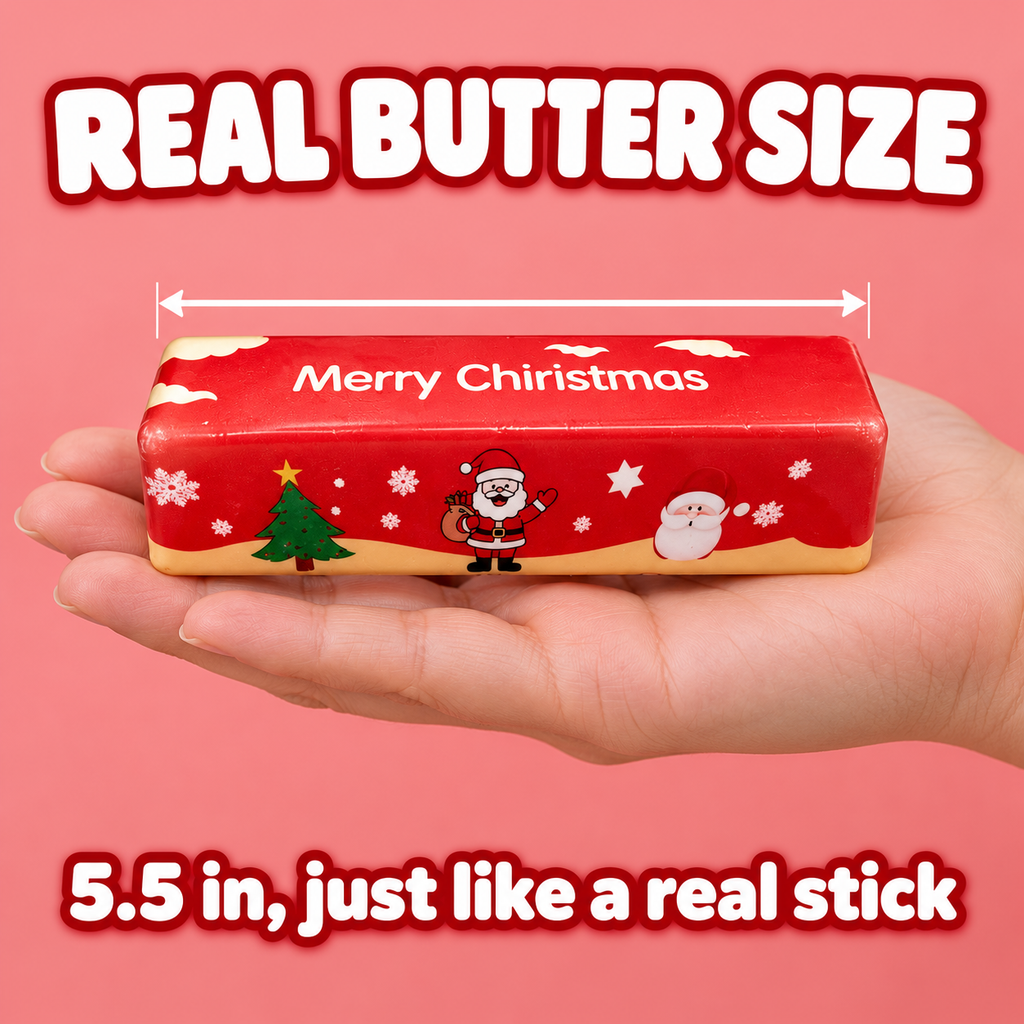 Red Christmas butter squishy in an open hand with a size arrow: real butter size, 5.5 in