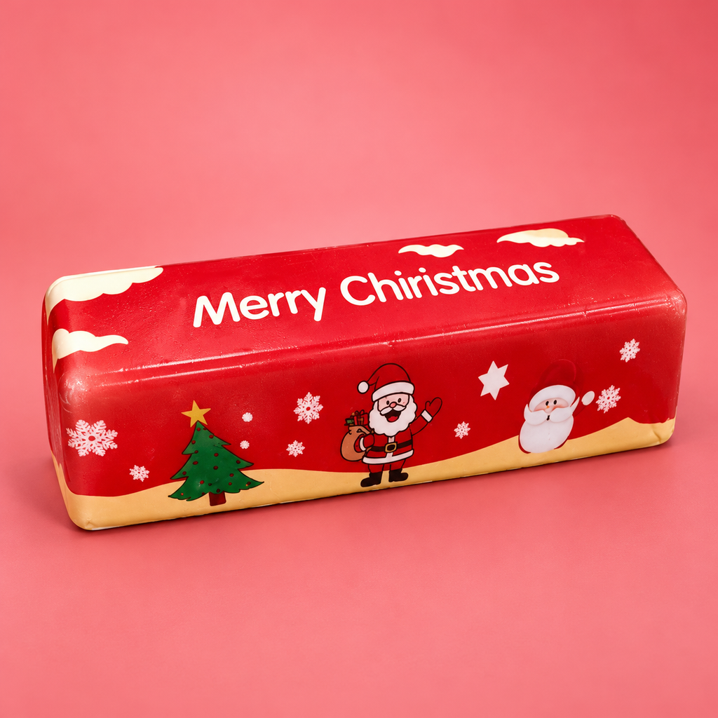 Christmas butter squishy, red Merry Christmas butter stick on a plain red background