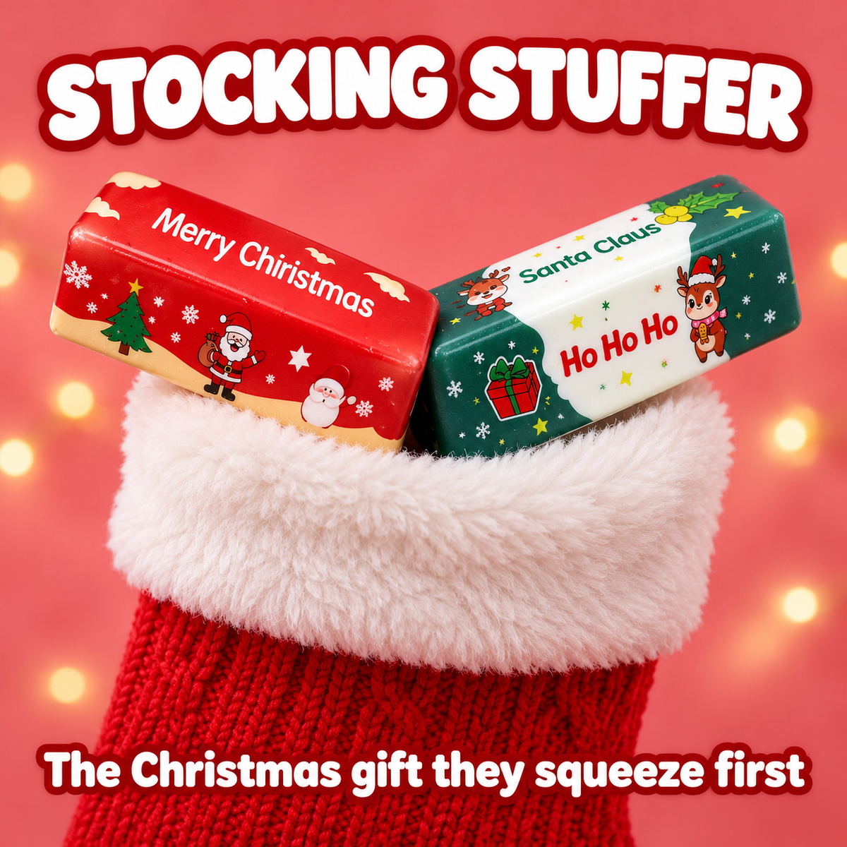 Red and green Christmas butter squishies in a Christmas stocking: stocking stuffer, the Christmas gift they squeeze first
