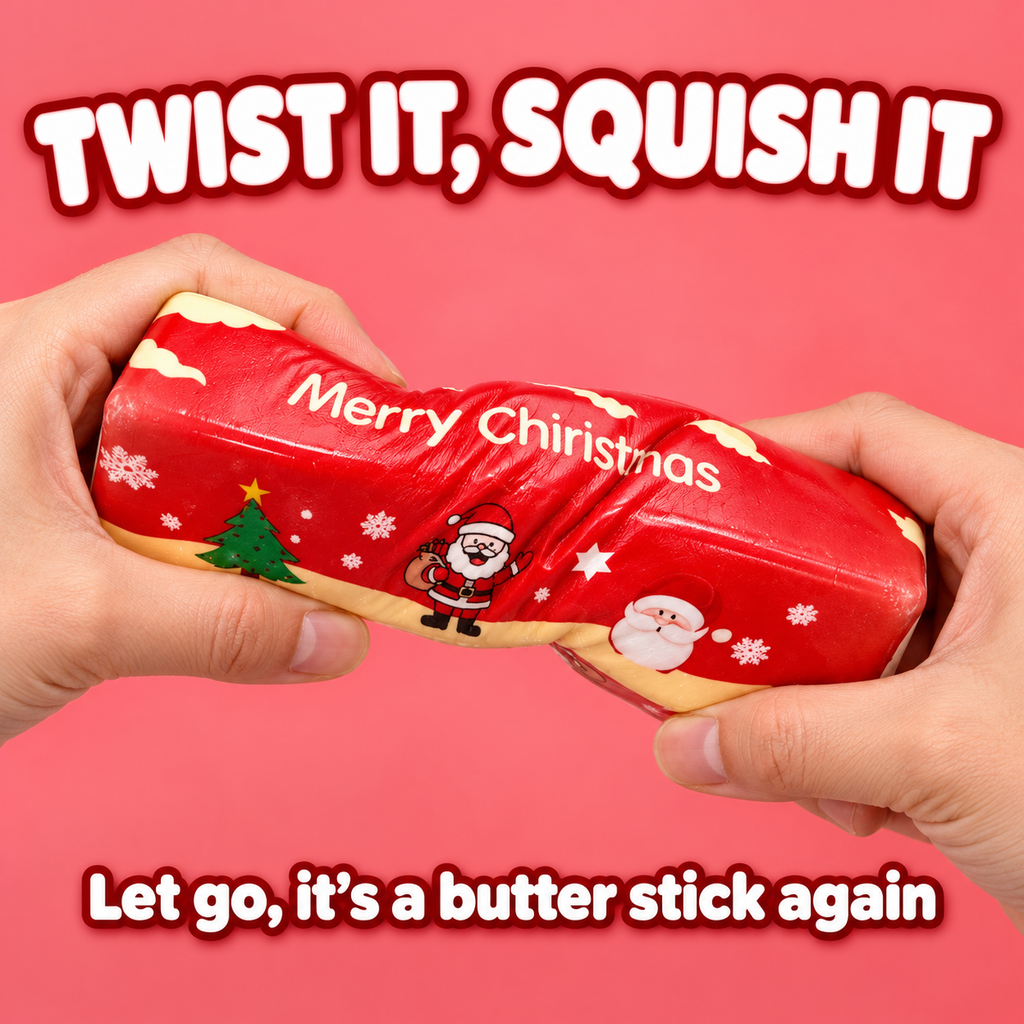 Two hands twisting the red Christmas butter squishy: twist it, squish it, let go, it's a butter stick again