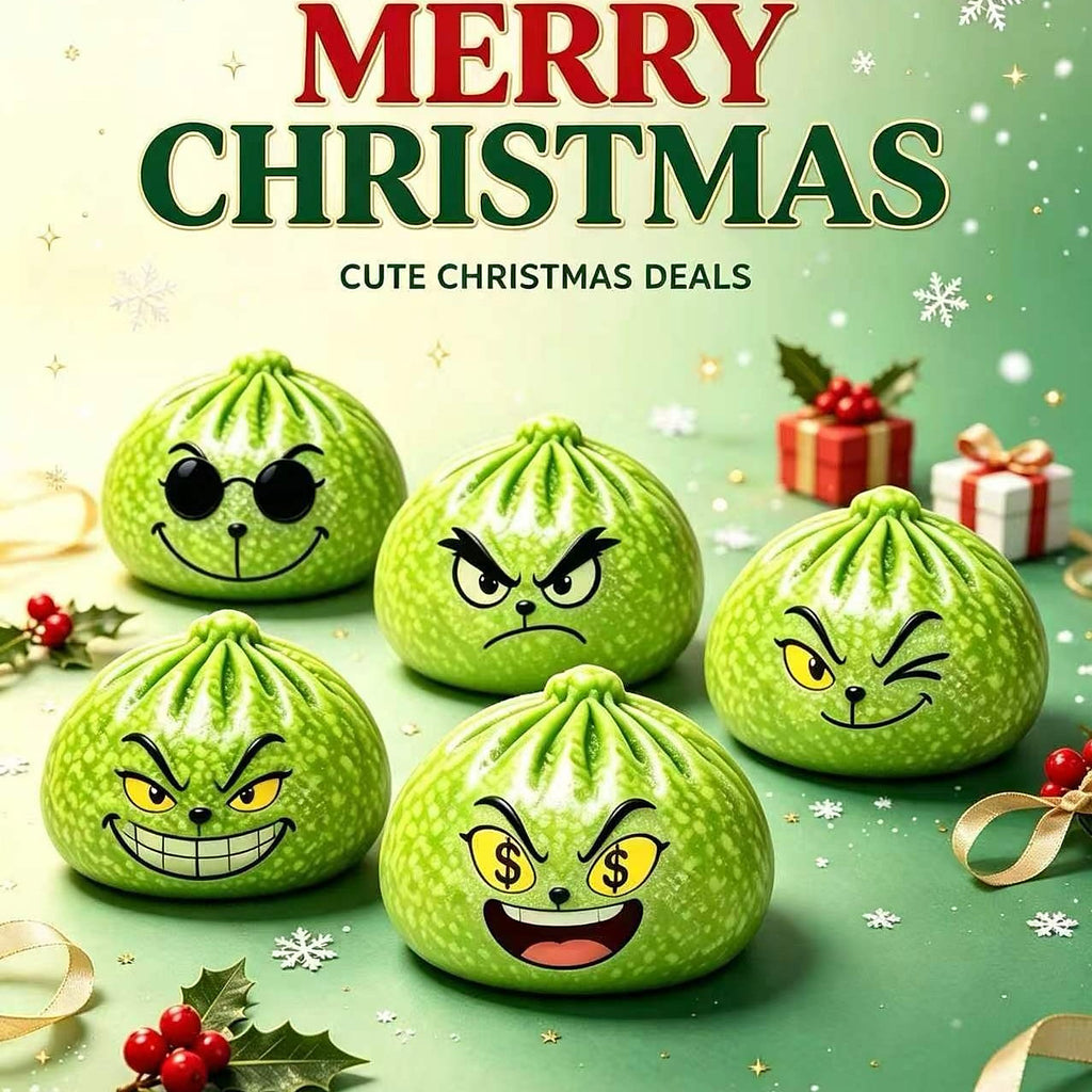 The five Grinch dumpling squishy faces to collect, lined up for Christmas