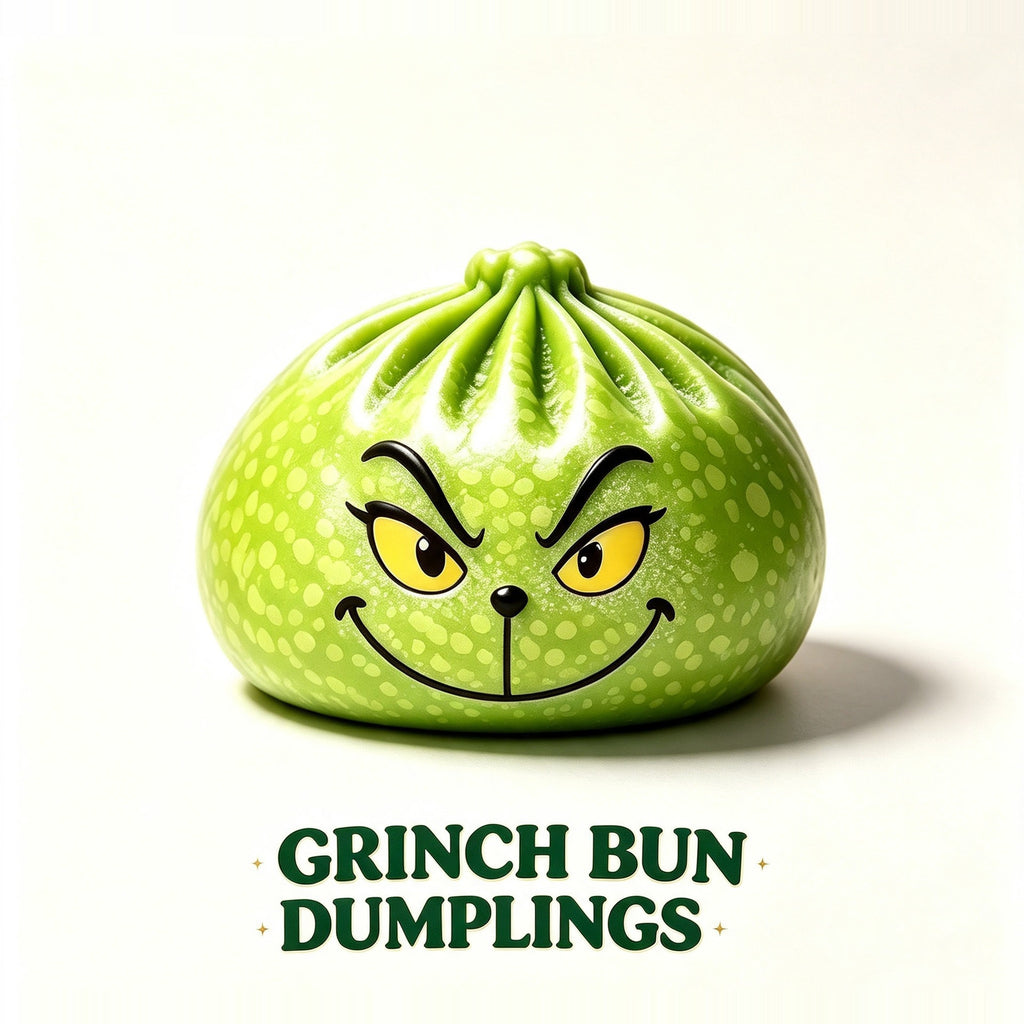 Grinch Bun Dumplings: green Grinch dumpling squishy with the classic mean grin