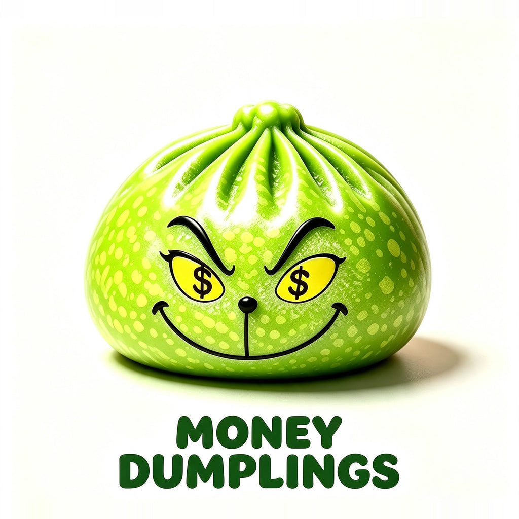 Money Dumplings: green Grinch dumpling squishy with dollar-sign eyes