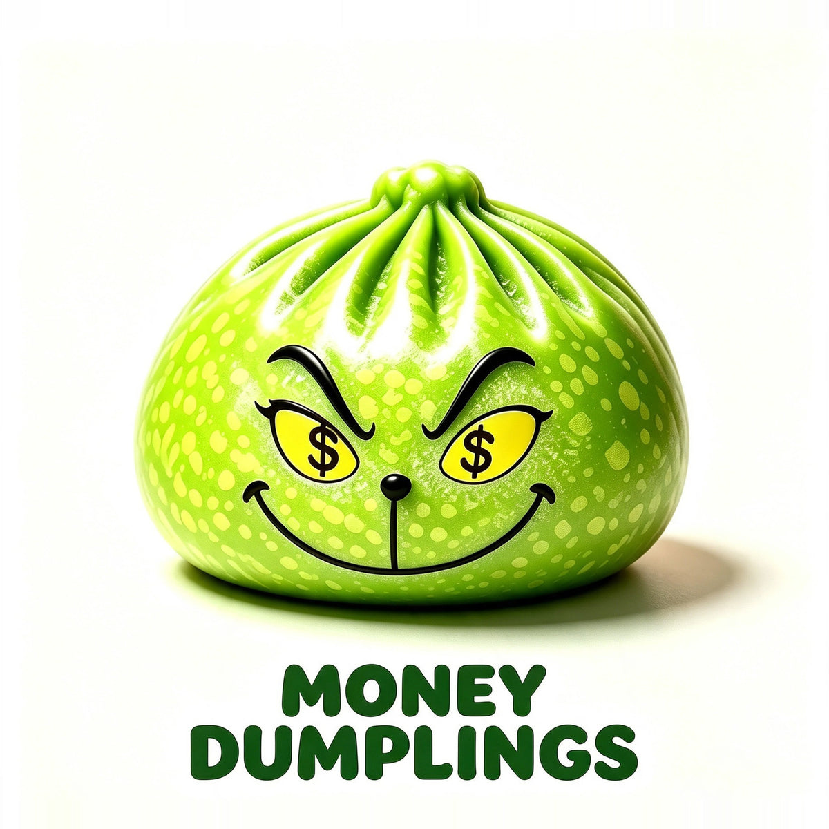 Money Dumplings: green Grinch dumpling squishy with dollar-sign eyes