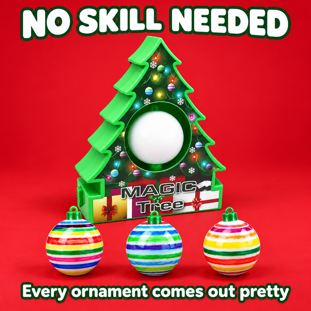 Three finished striped ornaments in front of the spinning tree