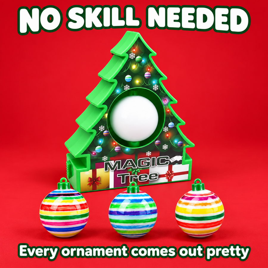 Three finished striped ornaments in front of the spinning tree