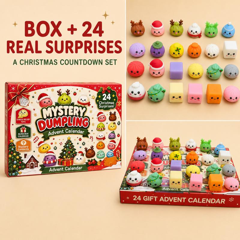 Christmas advent calendar box beside all twenty-four mini dumpling squishies