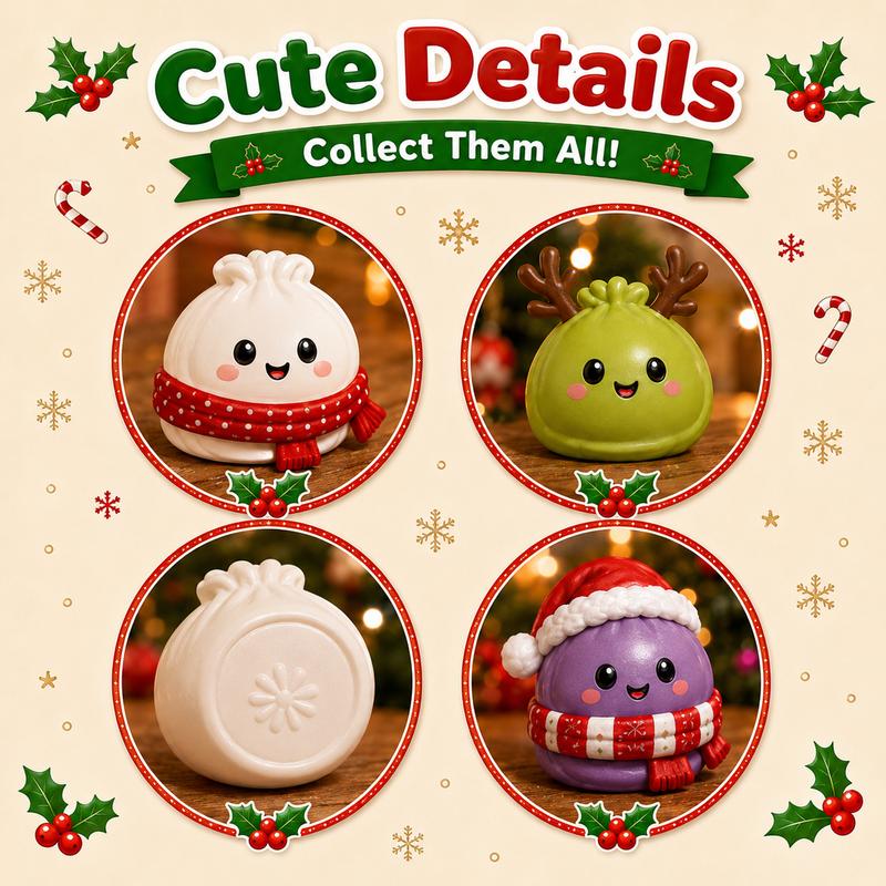 Close view of four mini dumpling squishies: scarf, reindeer antlers, snowflake and santa hat