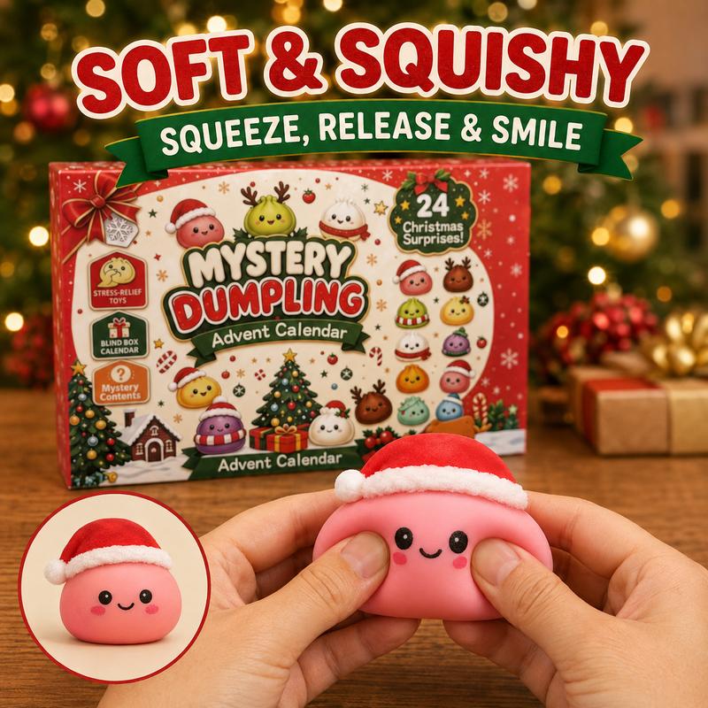 Hands squeezing a pink mini dumpling squishy beside the advent calendar box