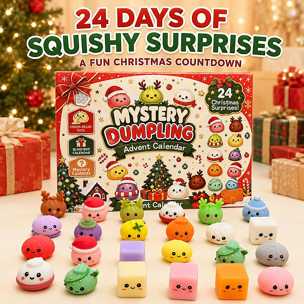 Christmas squishy advent calendar box with all 24 mini dumpling surprises