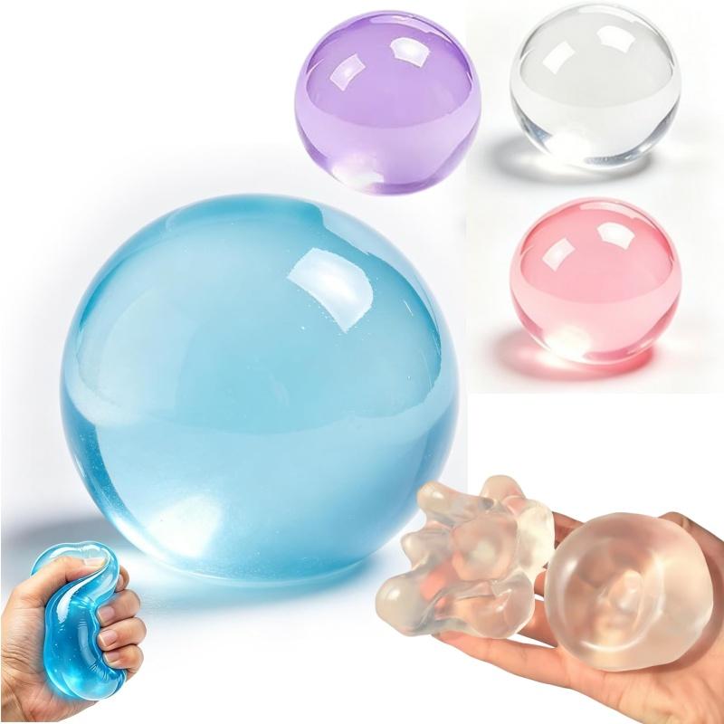 Coconut oil squishy in four colors, a hand squeezing one flat