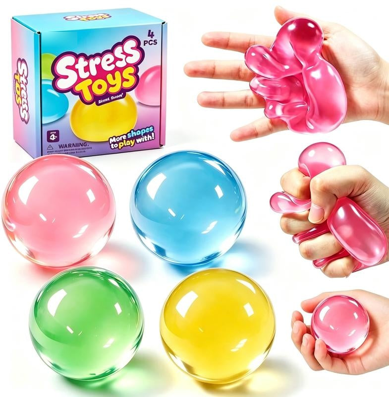 Coconut oil squishy 4-pack retail box beside the four stress balls and hands squeezing one