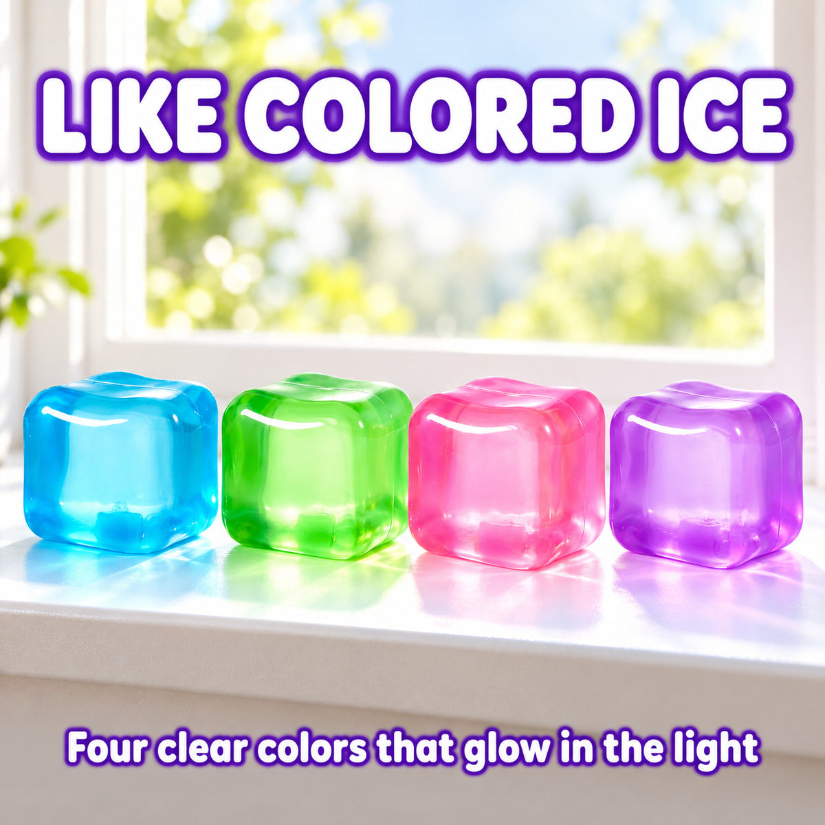 Like colored ice: four clear squishy cubes glowing on a sunny windowsill