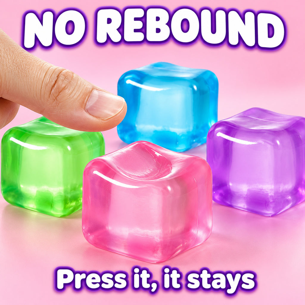 No rebound: a thumb leaves a dent in the pink coconut oil squishy cube and the dent stays