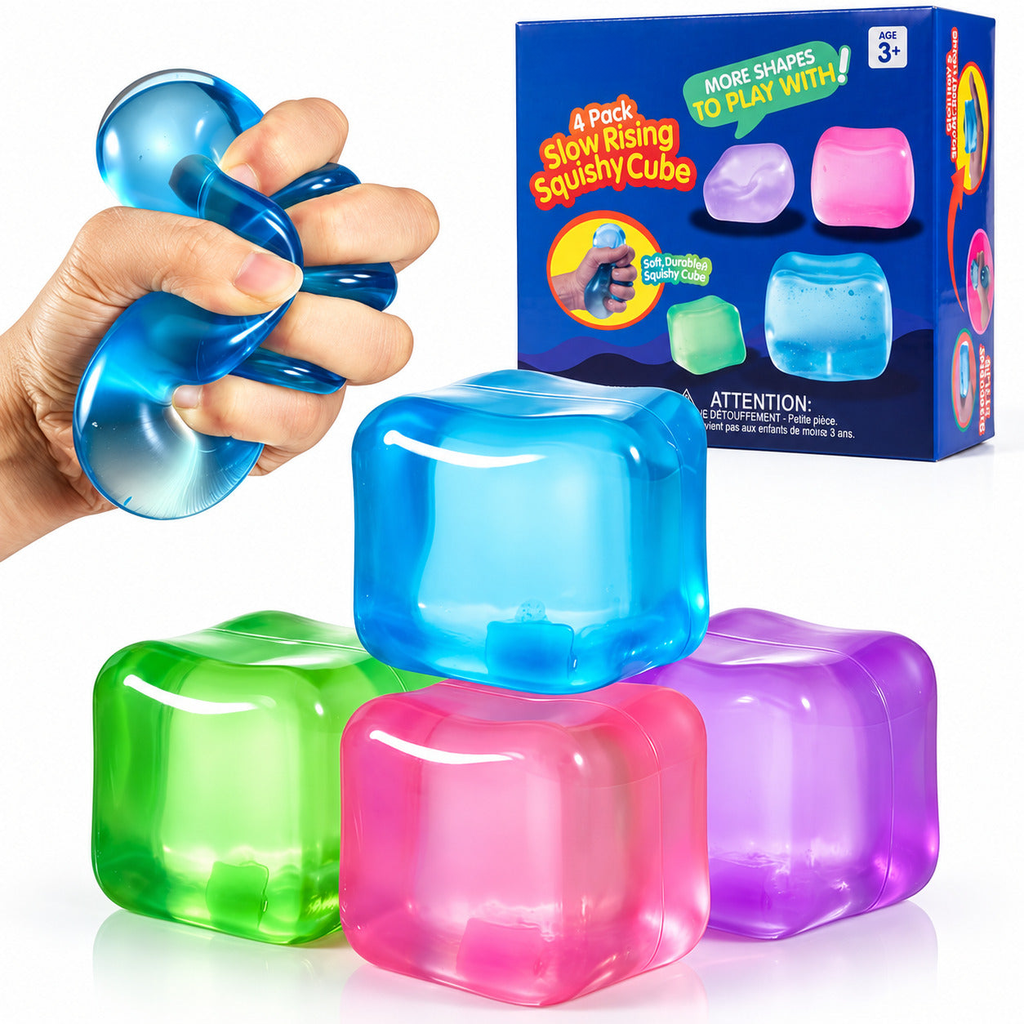 Coconut oil squishy cubes 4-pack: blue, green, pink and purple cubes with their box, one squeezed in a hand