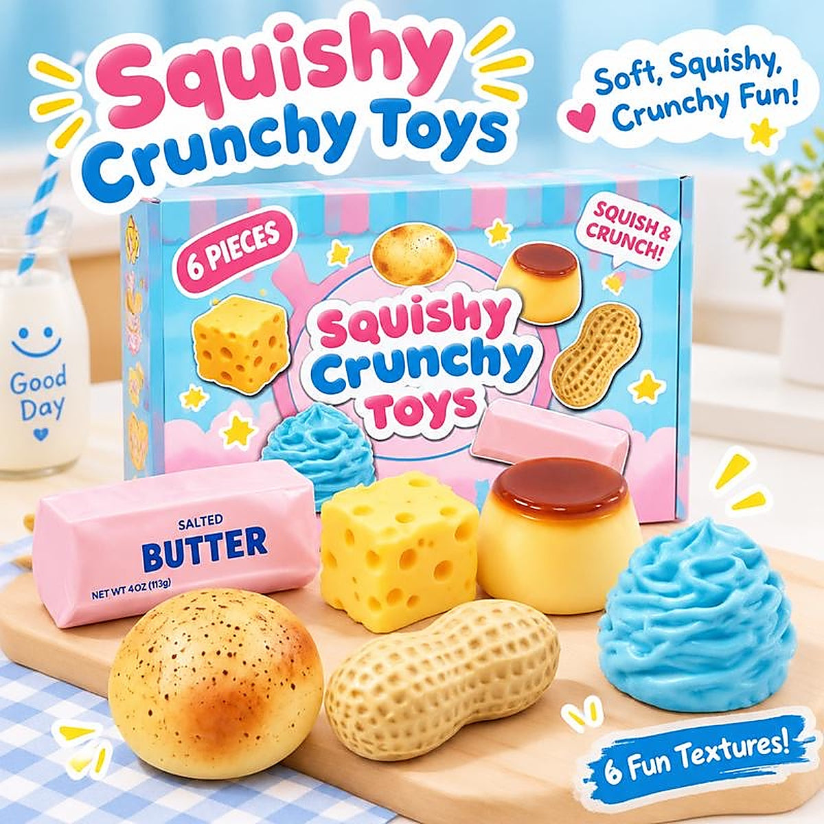 Crunchy squishy box with 6 textures: butter, cheese, pudding, peanut, cream and potato