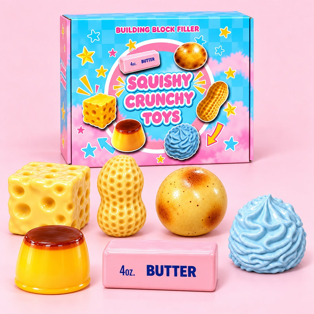 Crunchy squishy box with the six squishies in front: cheese, peanut, potato, pudding, butter and cream roll