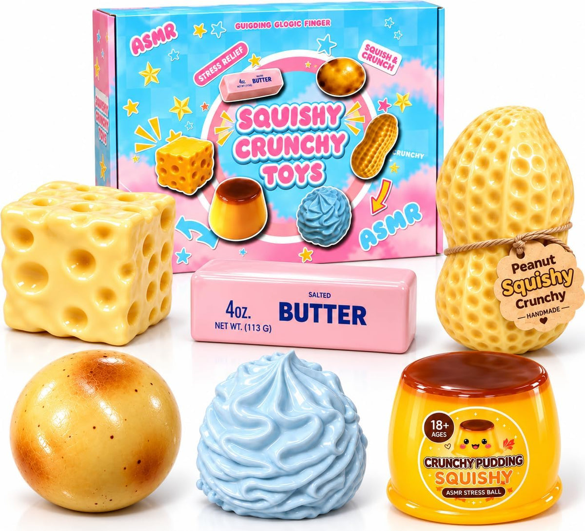The six crunchy squishies in front of their box: cheese, butter, peanut, pudding, cream roll and potato