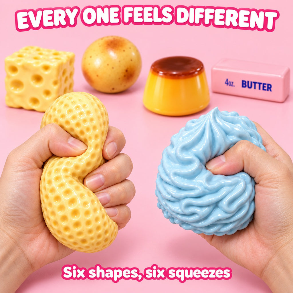 Two hands squeezing the peanut and the cream roll crunchy squishies, text Every one feels different