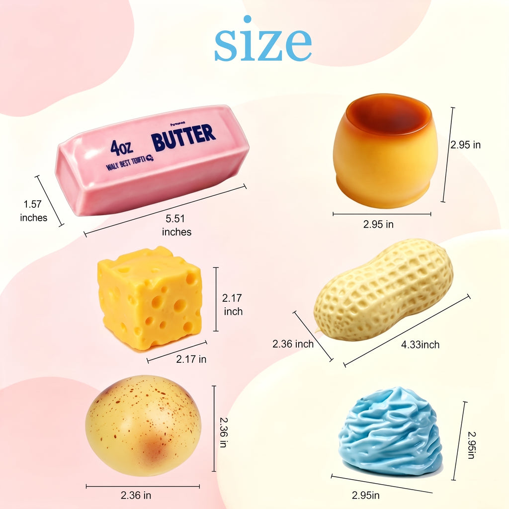 Size of each crunchy squishy in inches: butter 5.51 in, cheese 2.17 in, peanut 4.33 in, pudding, cream and potato about 2.4 to 2.95 in