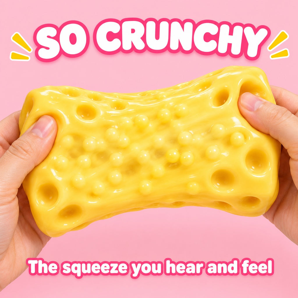Hands stretching the cheese crunchy squishy, beads of the filling showing under the skin, text So crunchy