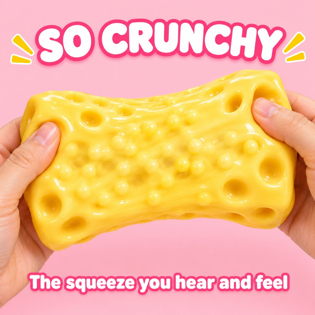 Hands stretching the cheese crunchy squishy, beads of the filling showing under the skin, text So crunchy