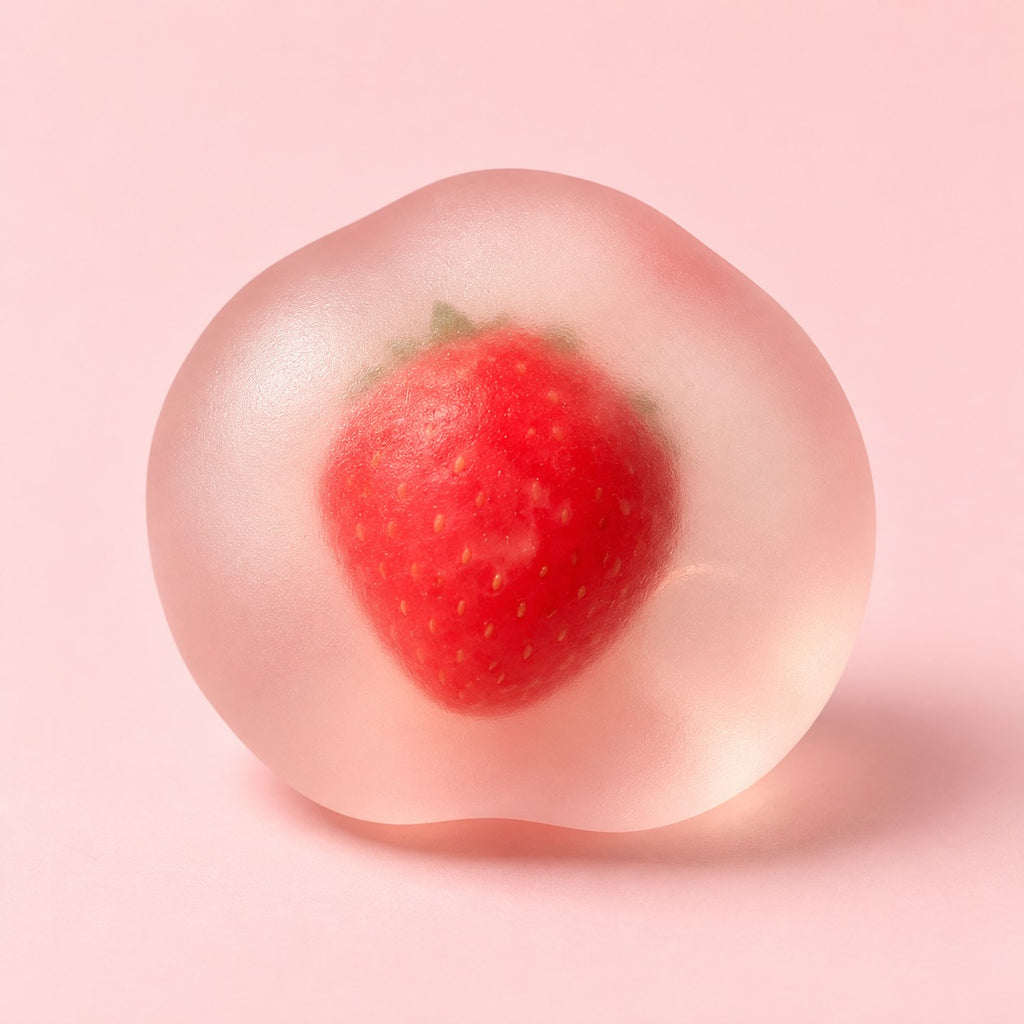 Crystal clear strawberry squishy, frosted pink ball with a strawberry inside