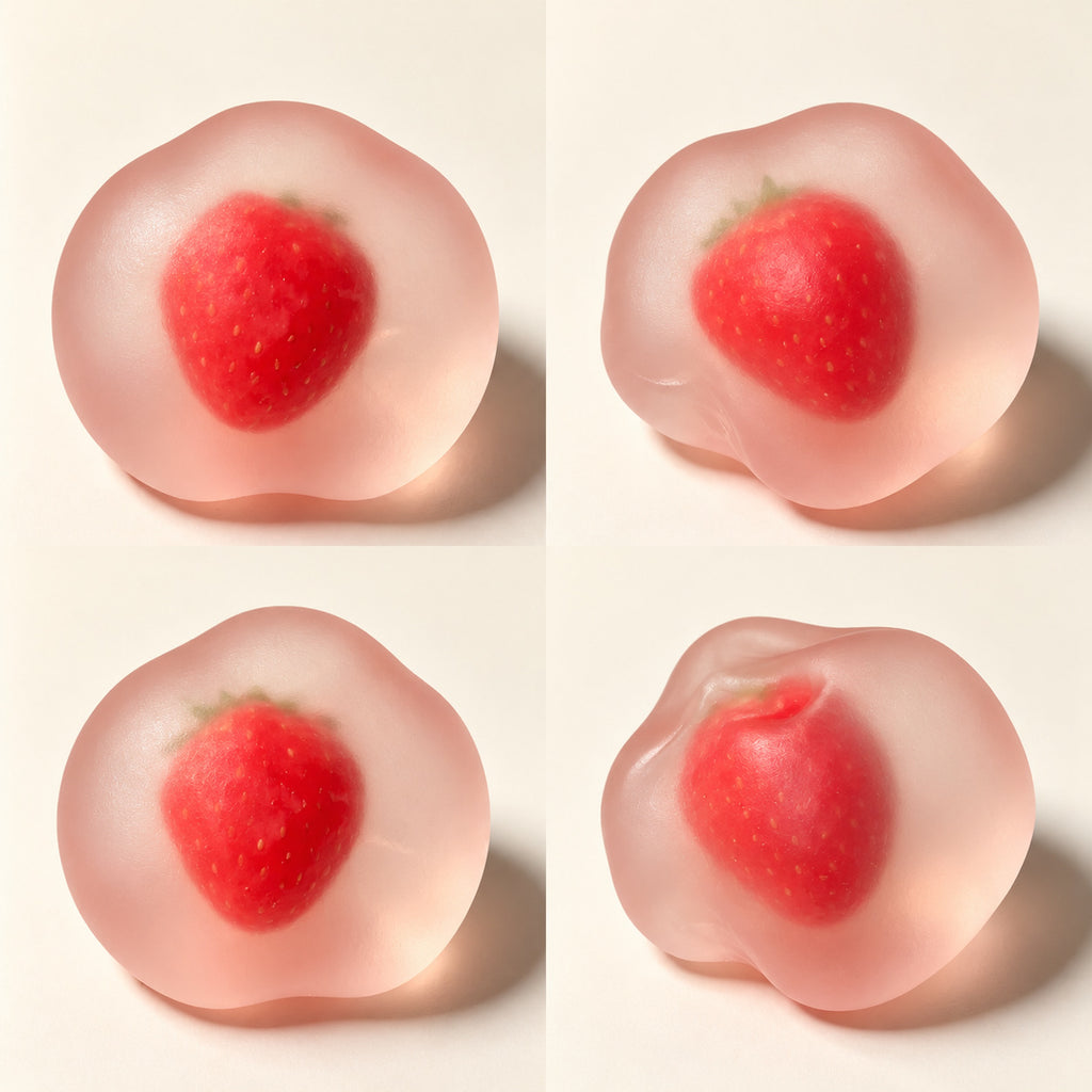 Crystal strawberry squishy seen from four angles