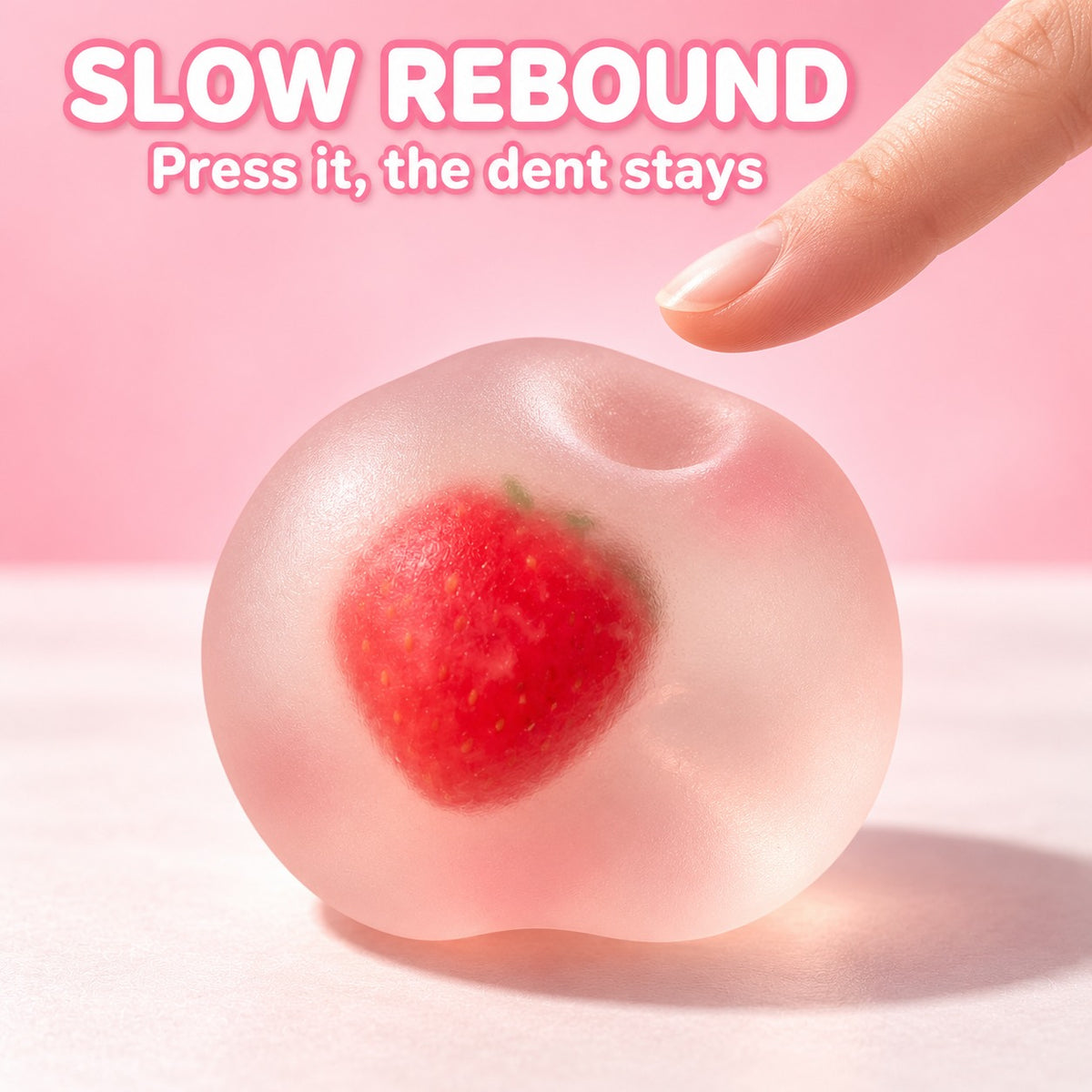 Slow rebound crystal strawberry squishy: press it and the dent stays