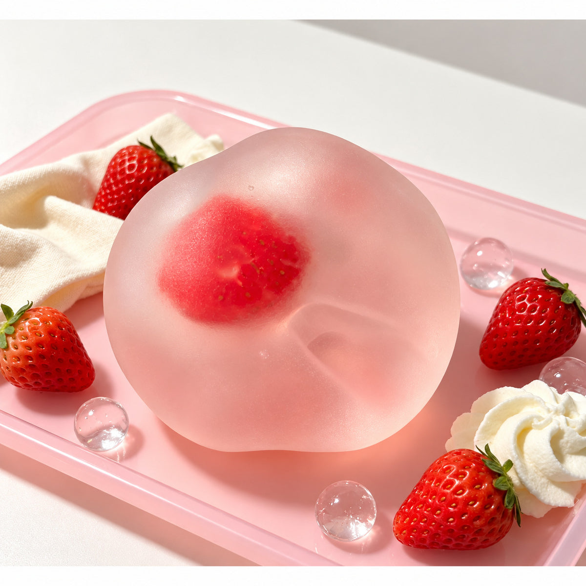 Crystal strawberry squishy on a pink tray with real strawberries and whipped cream