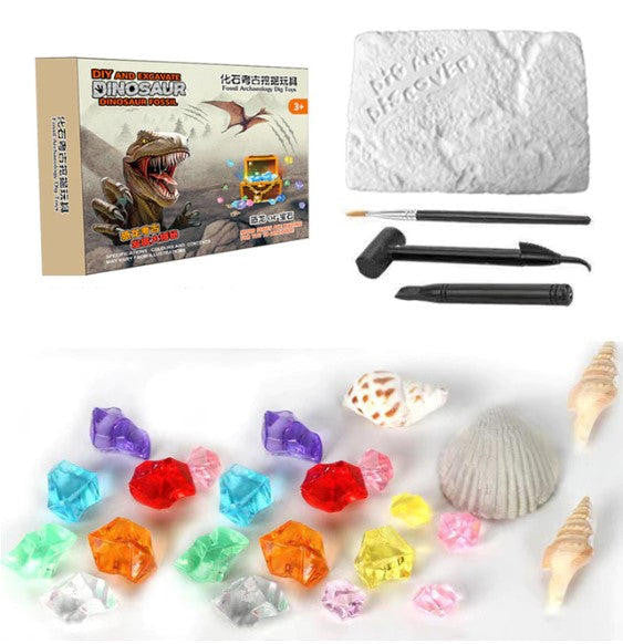 Dinosaur Excavation Kit with Fossil Dig Tools, Gemstones (20 Pieces)