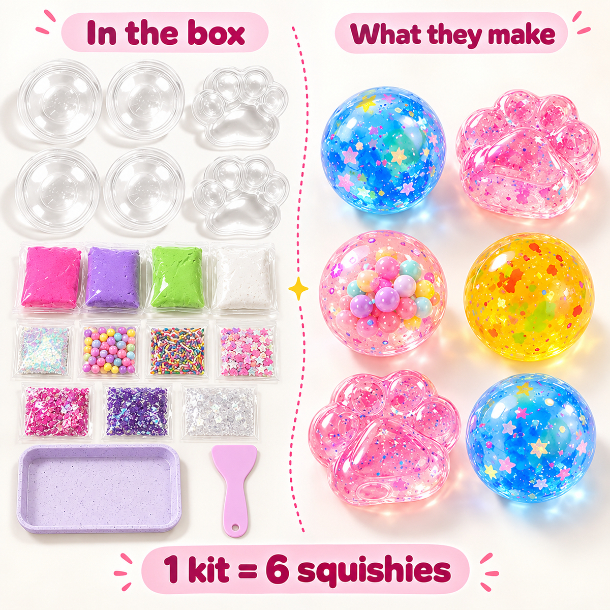 In the box and what they make: moulds, gel, clay and glitter next to four balls and two cat paws