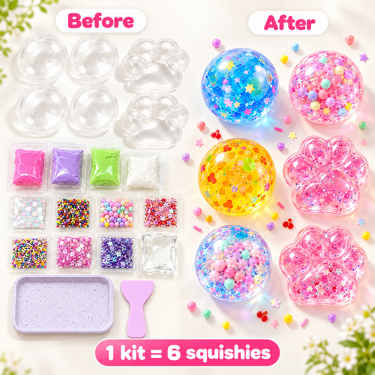 Before and after: the DIY cat paw squishy kit laid out, and the six squishies made with it