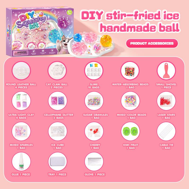 Everything in the DIY cat paw squishy kit, accessory by accessory